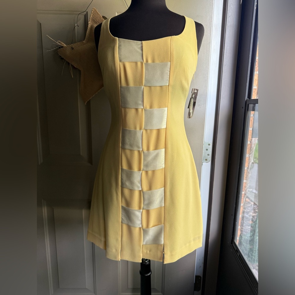 1990s Nicole Miller butter yellow satin checkered mini dress, size 8